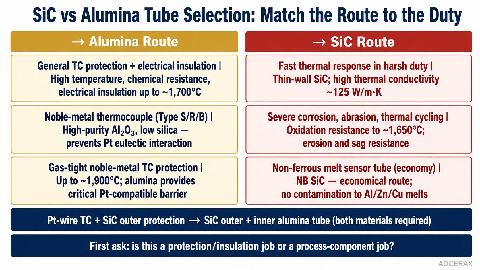 SiC silicon carbide vs alumina tube selection matrix thermocouple protection process tube comparison decision diagram