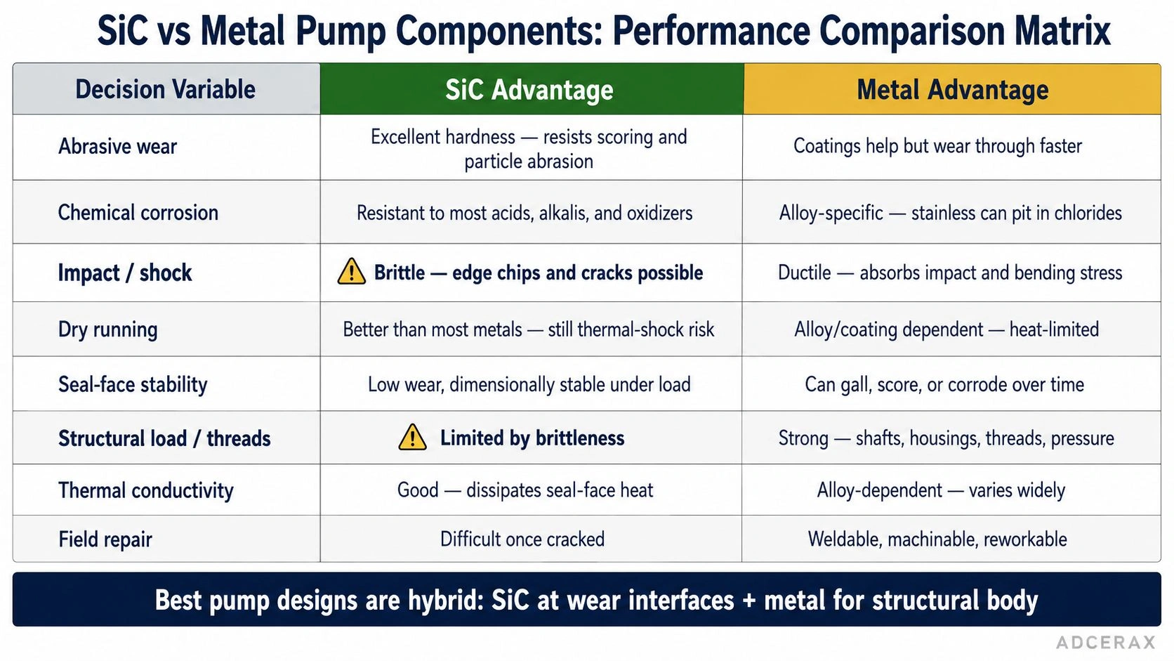 SiC vs metal pump components performance comparison matrix showing abrasive wear, chemical corrosion, impact shock, dry running, seal-face stability, structural load, thermal conductivity and repairability