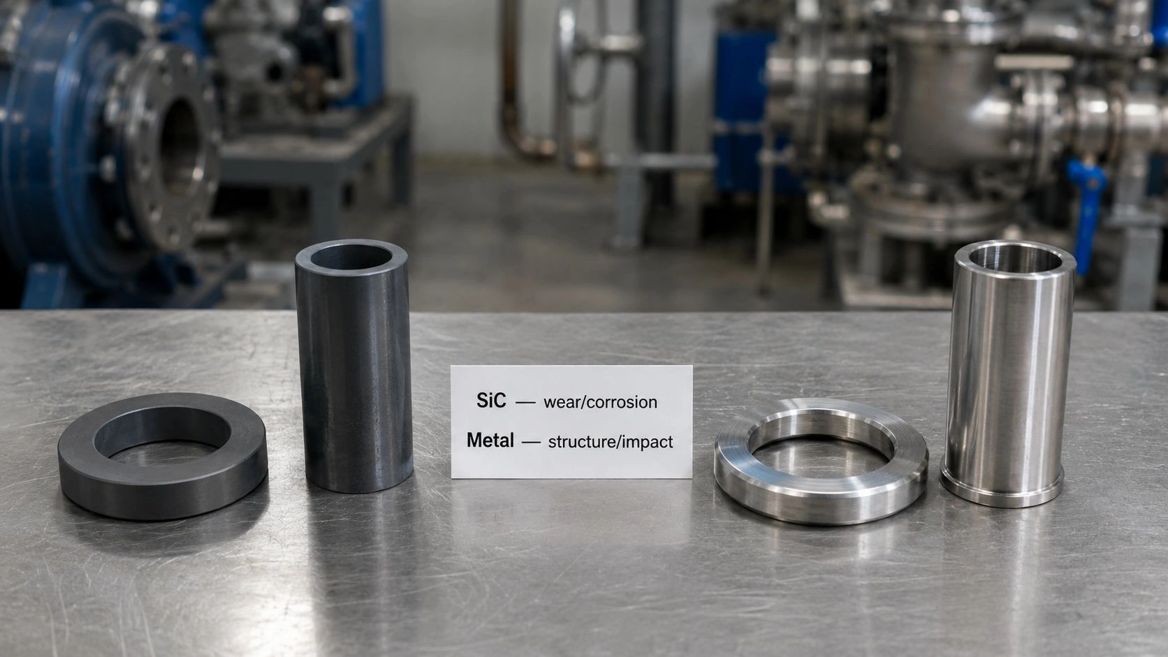 SiC silicon carbide vs metal pump components seal ring sleeve bearing bushing corrosion wear impact dry running performance comparison
