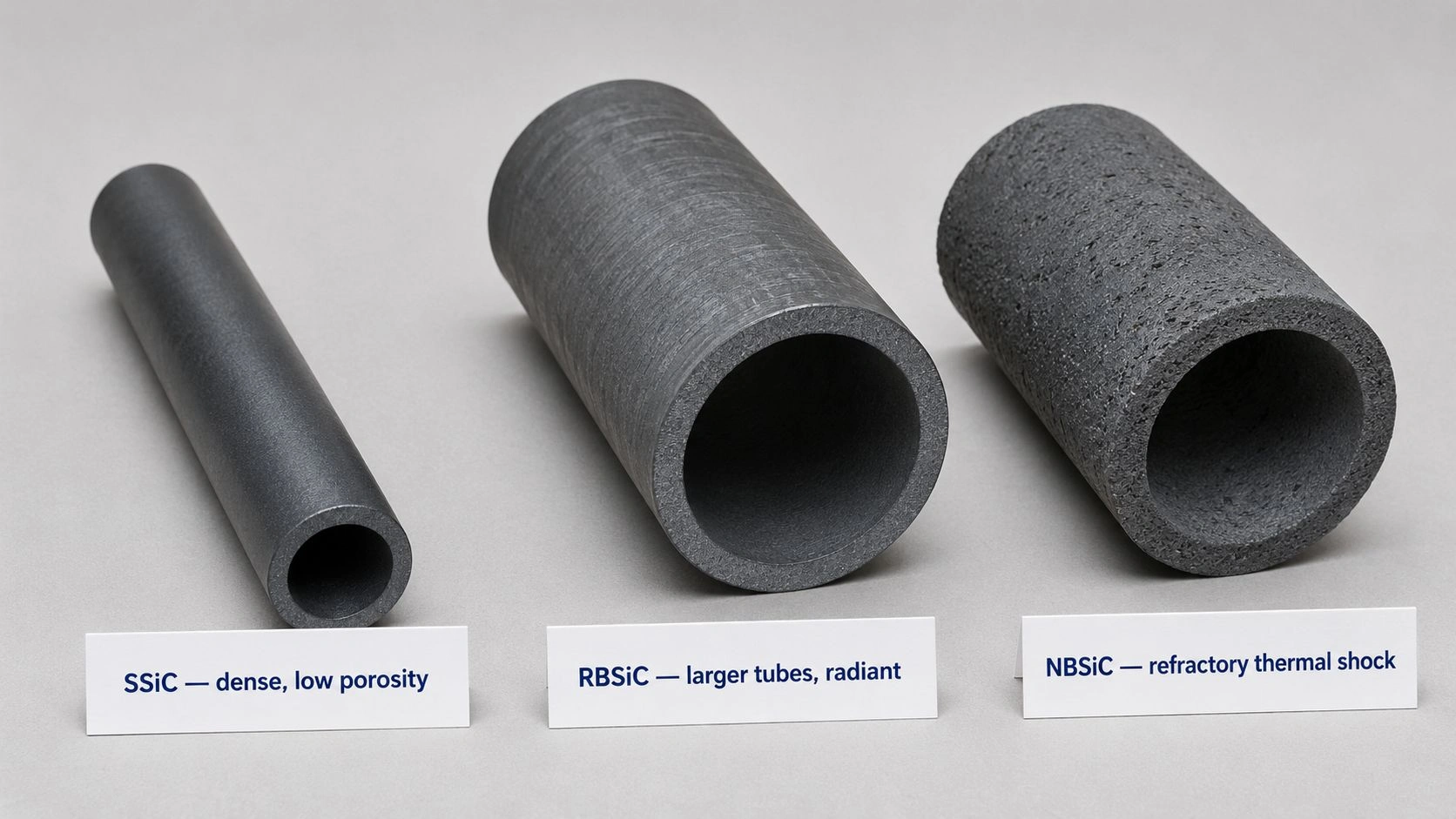 SSiC RBSiC and NBSiC tube grade selection for thermal shock applications showing dense low porosity tubes, larger radiant tubes and refractory thermal shock SiC tubes