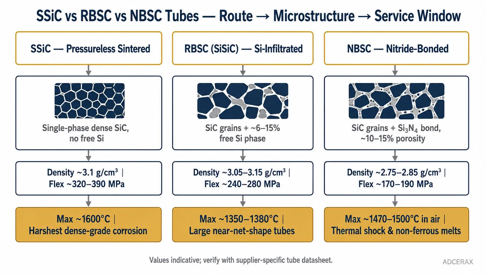 SSiC RBSC NBSC silicon carbide tube manufacturing route to tube performance map