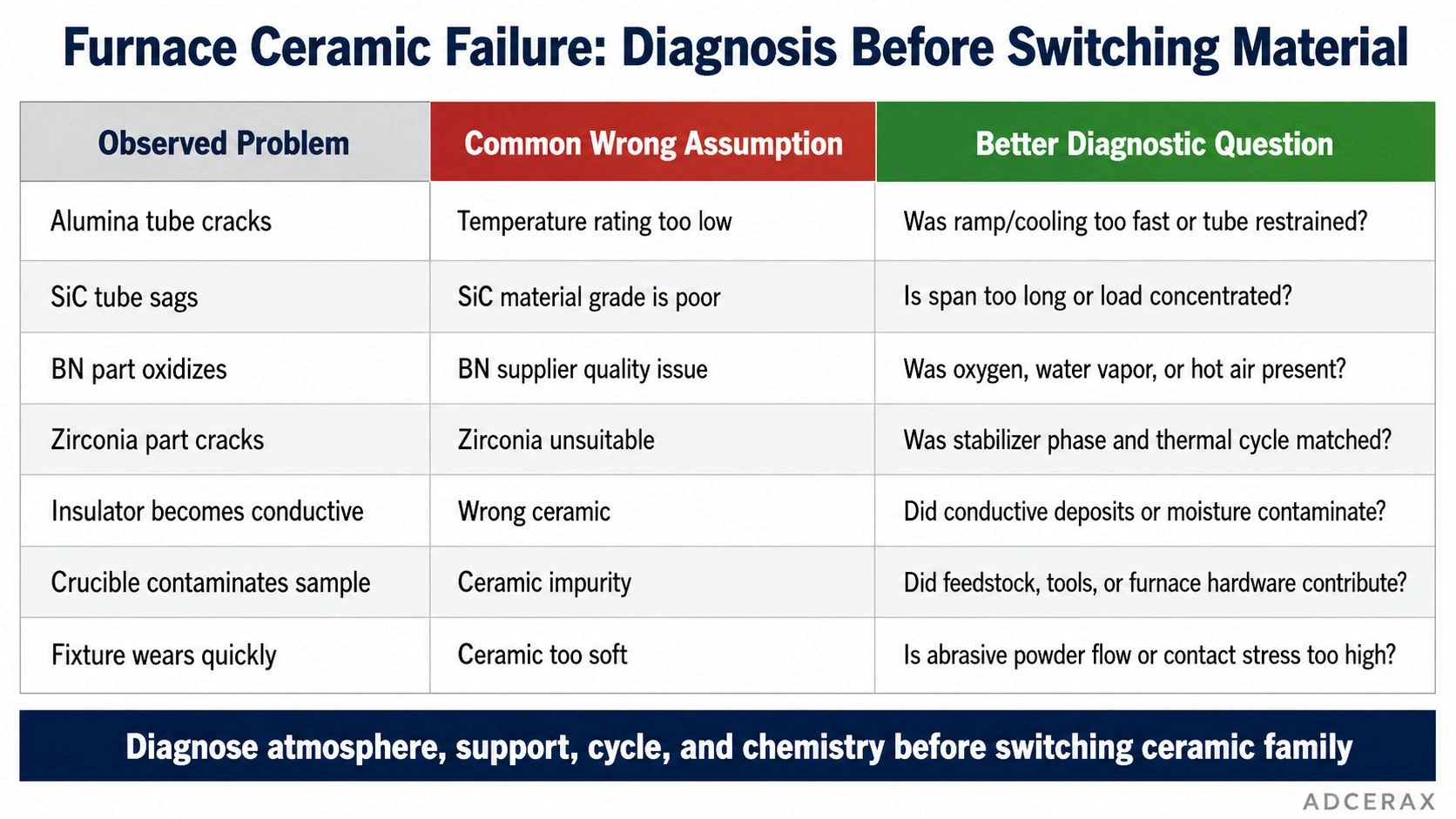 furnace ceramic failure diagnosis alumina cracking SiC sag BN oxidation zirconia cracking misdiagnosis matrix decision diagram