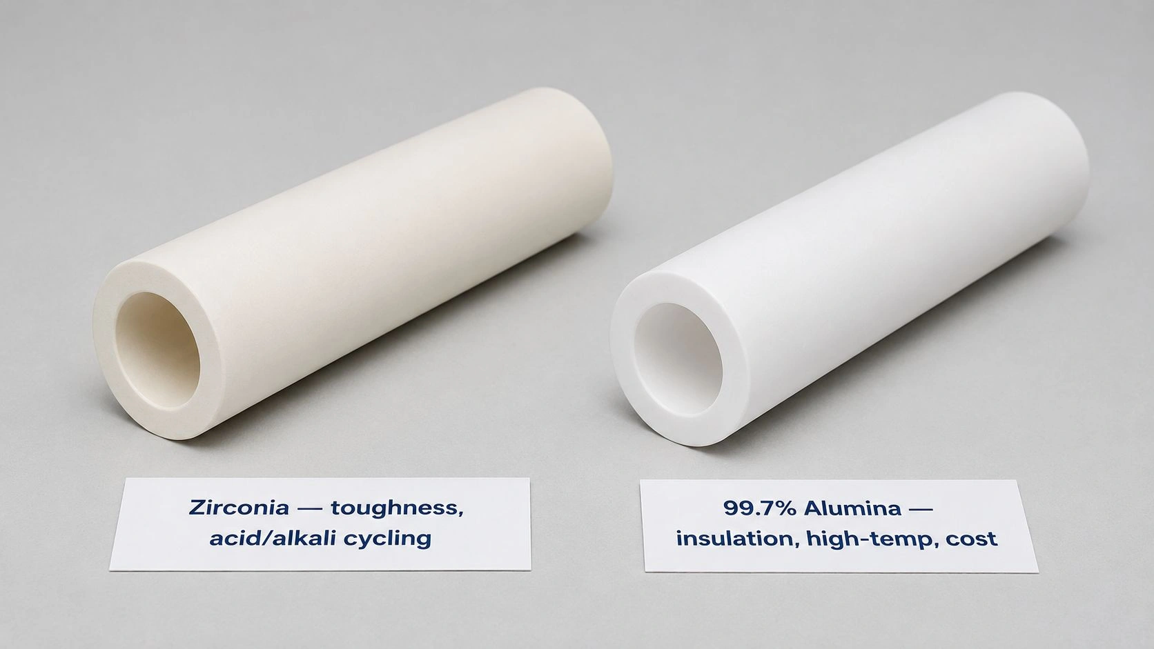 Zirconia and 99.7 percent alumina ceramic tubes comparison for acid service, acid alkali cycling, electrical insulation, high temperature stability and cost control