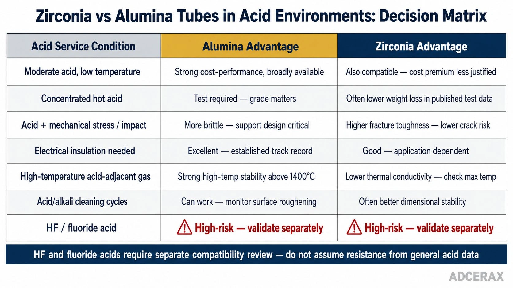 Zirconia vs alumina ceramic tubes decision matrix for acid environments, mechanical stress, electrical insulation, high temperature gas and fluoride acid risk