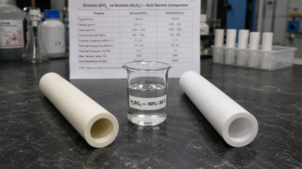 zirconia vs alumina tubes acid environments sulfuric acid hydrochloric acid chemical resistance fracture toughness selection engineering
