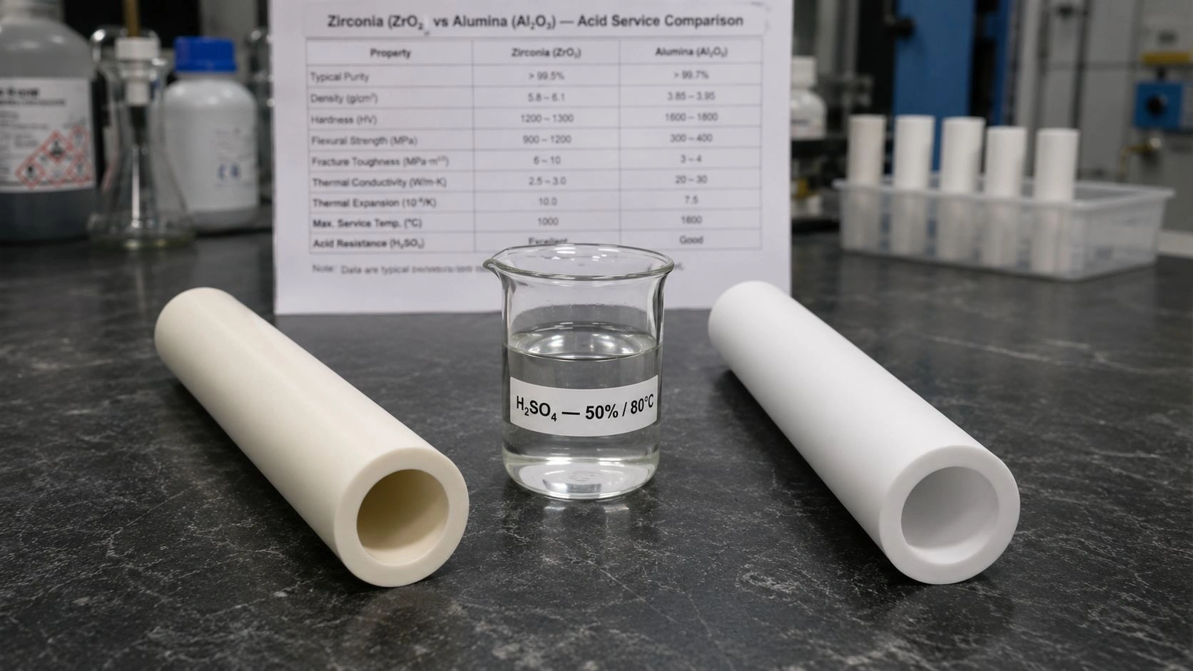 zirconia vs alumina tubes acid environments sulfuric acid hydrochloric acid chemical resistance fracture toughness selection engineering