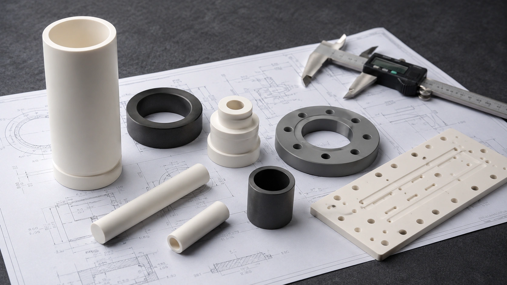 Custom precision ceramic components on technical drawing with digital caliper
