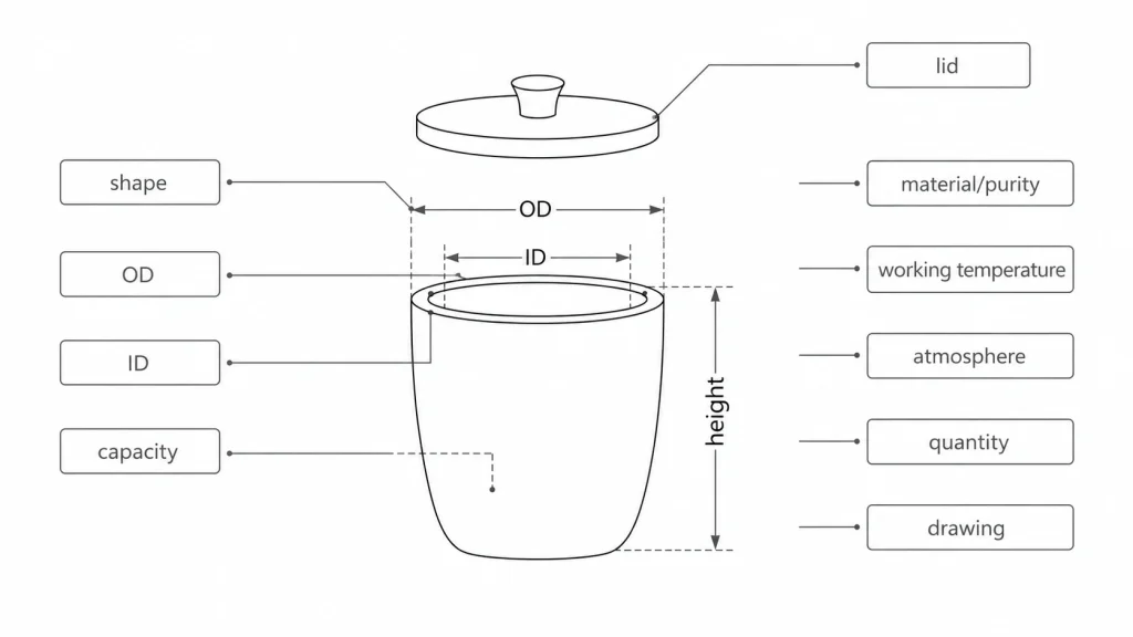 Alumina crucible RFQ fields for shape, capacity, material and temperature review