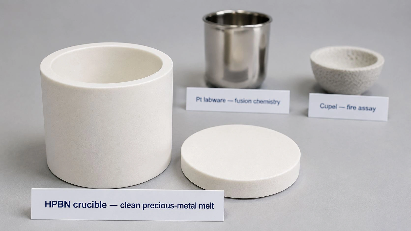 BN crucible for clean precious metal melting compared with platinum labware for fusion chemistry and cupel for fire assay applications in precious metal recovery labs
