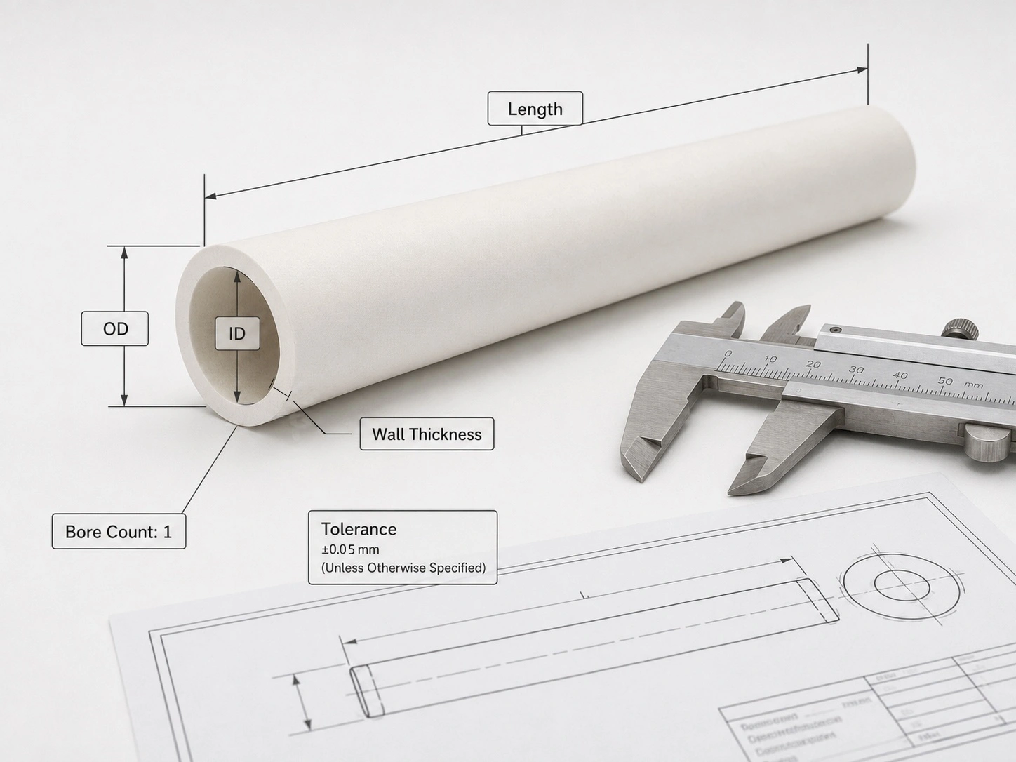 Custom alumina ceramic tube with OD, ID, length, wall thickness and bore-count dimensions for a drawing-based RFQ