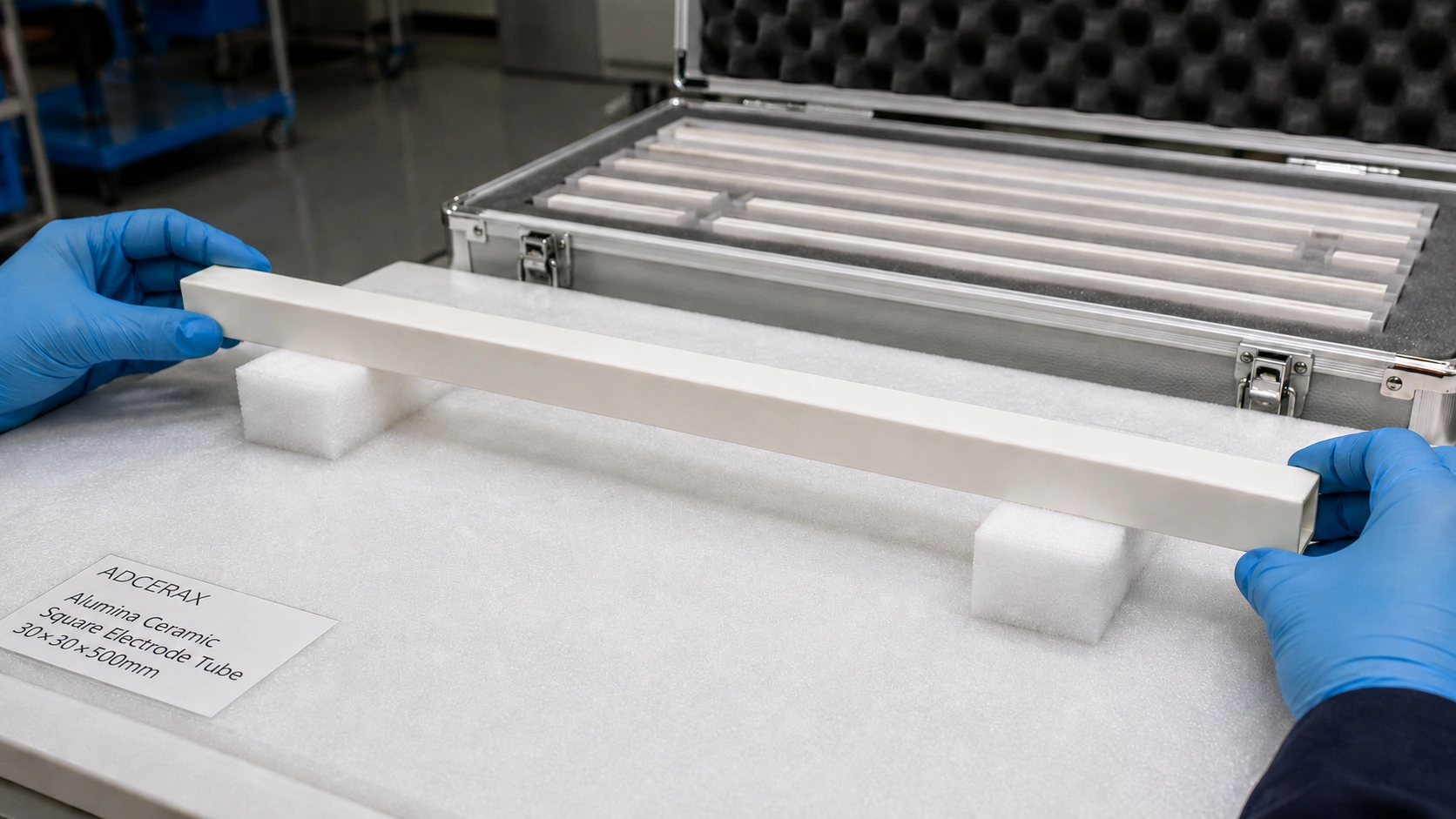 Long square alumina ceramic electrode tube packing and handling with padded support