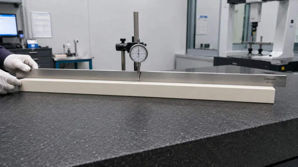 Long square alumina ceramic electrode tube straightness inspection with dial indicator