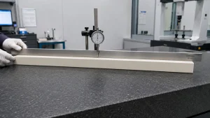Long square alumina ceramic electrode tube straightness inspection with dial indicator