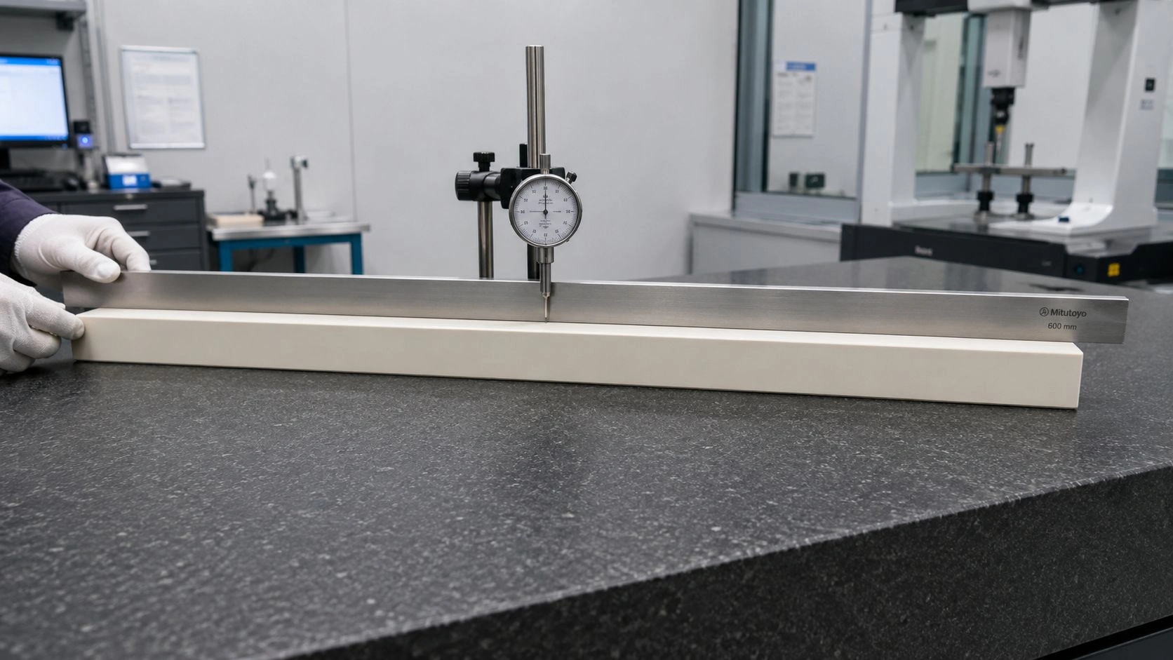Long square alumina ceramic electrode tube straightness inspection with dial indicator