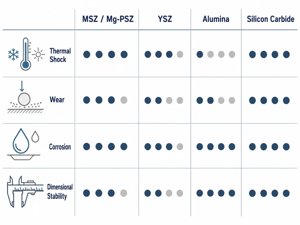 MSZ ceramic material selection guide compared with YSZ alumina and silicon carbide