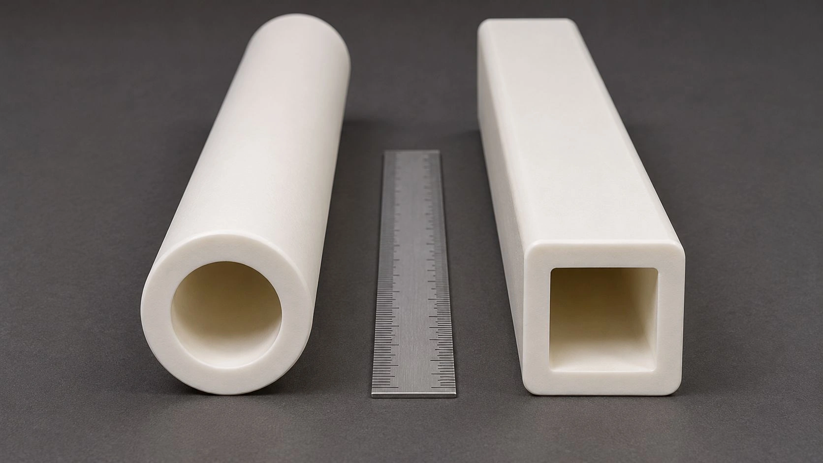 Round and square alumina ceramic tubes with ruler for electrode assembly geometry comparison