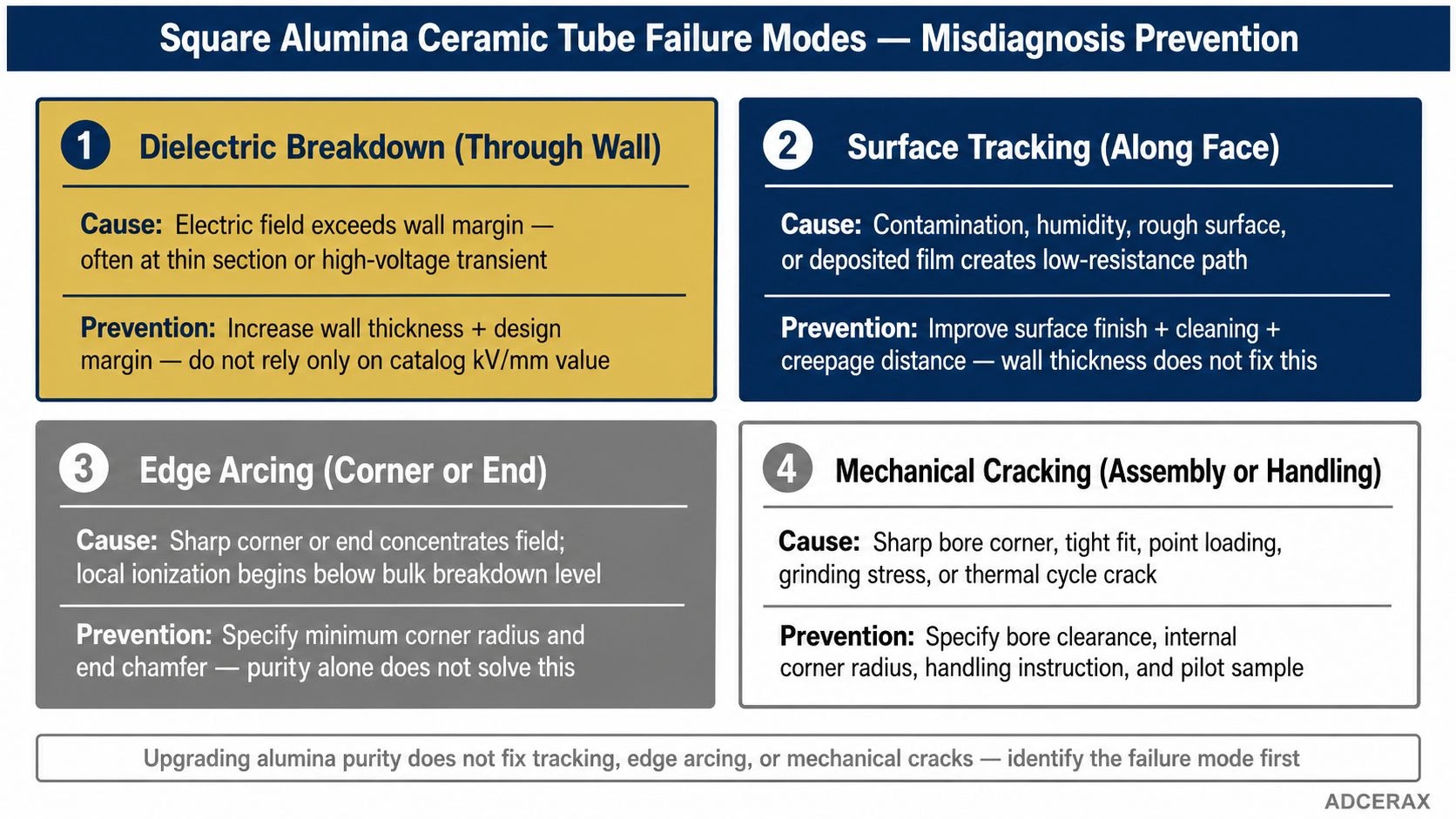 Square alumina ceramic tube failure modes and misdiagnosis prevention for corona electrode applications