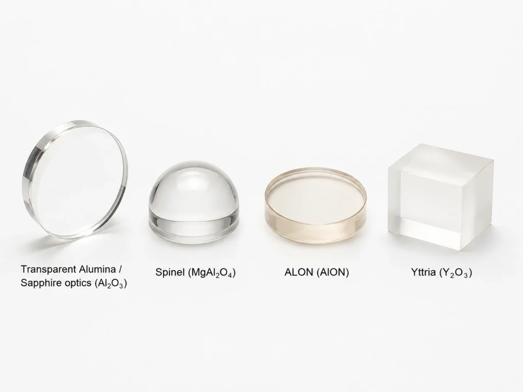 Transparent ceramic material samples: transparent alumina/sapphire (Al2O3) disc, spinel (MgAl2O4) dome, ALON window, and yttria (Y2O3) cube
