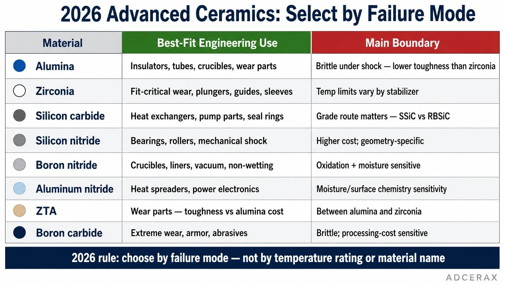 2026 advanced ceramics select by failure mode material selection matrix alumina zirconia silicon carbide silicon nitride boron nitride AlN ZTA boron carbide
