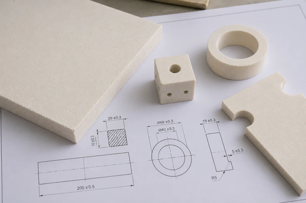 Aluminum silicate ceramic board and machined shapes reviewed against an engineering drawing with a caliper