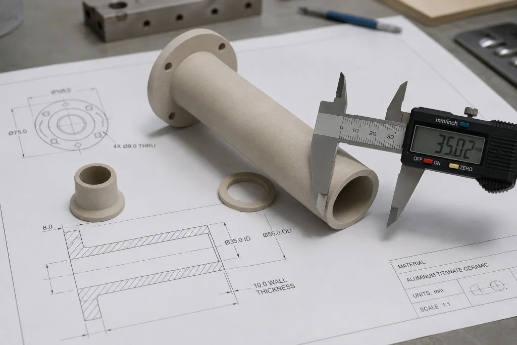 Aluminum titanate riser tube and sprue bushing reviewed against an engineering drawing with a caliper