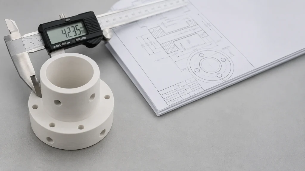 Custom boron nitride part reviewed from a drawing at ADCERAX