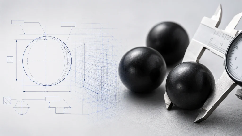 Custom silicon carbide balls machined from a technical drawing
