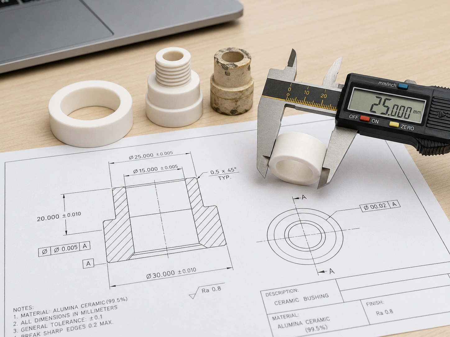 Engineering review of an alumina ceramic parts drawing with caliper measurement and old-part sample