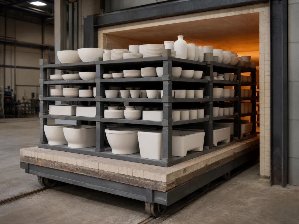 NBSiC kiln plates and beams loaded with sanitary ware on a kiln car at a shuttle kiln