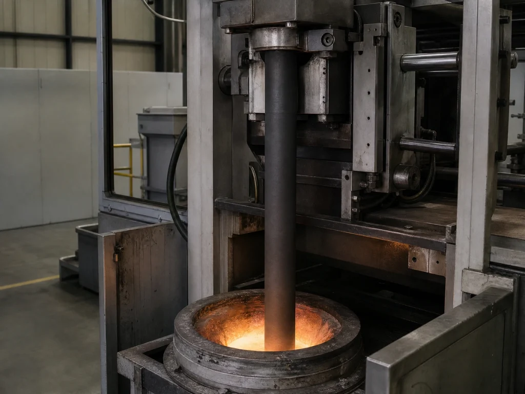 NBSiC riser tube on a low-pressure aluminum die-casting machine over a molten-aluminum furnace