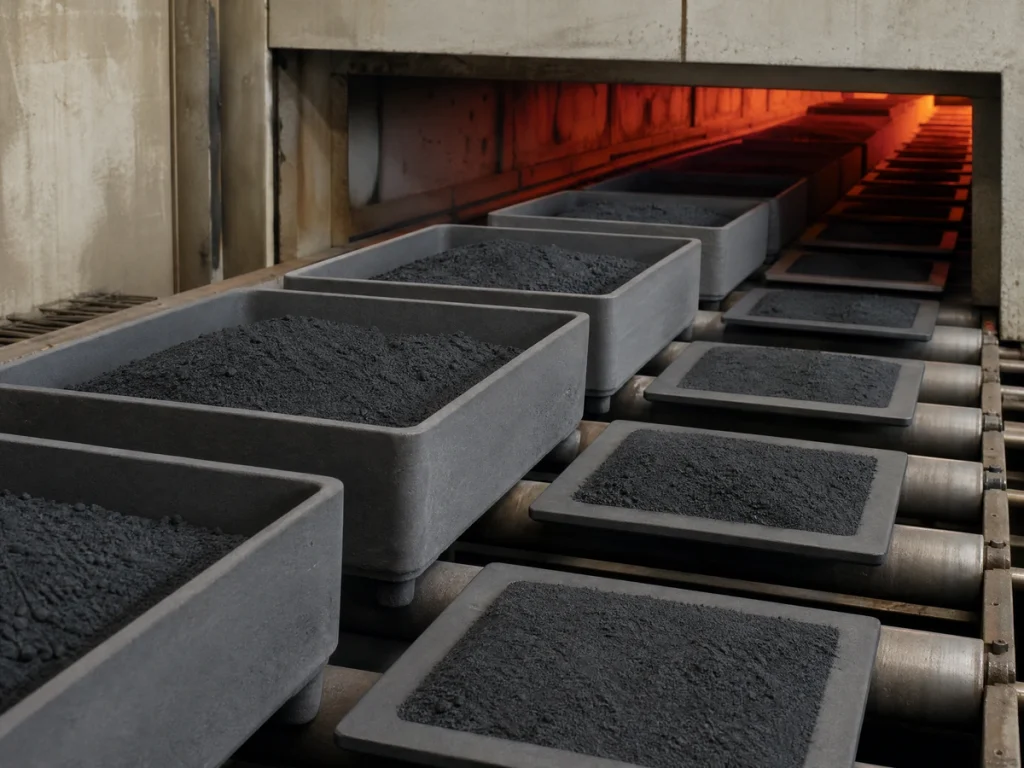 NBSiC saggers filled with powder passing through a roller-hearth calcination kiln
