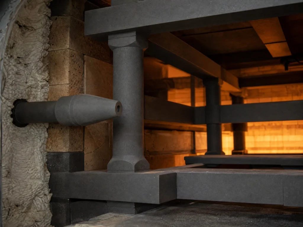 NBSiC support posts, beams and burner nozzle inside an industrial furnace hot zone