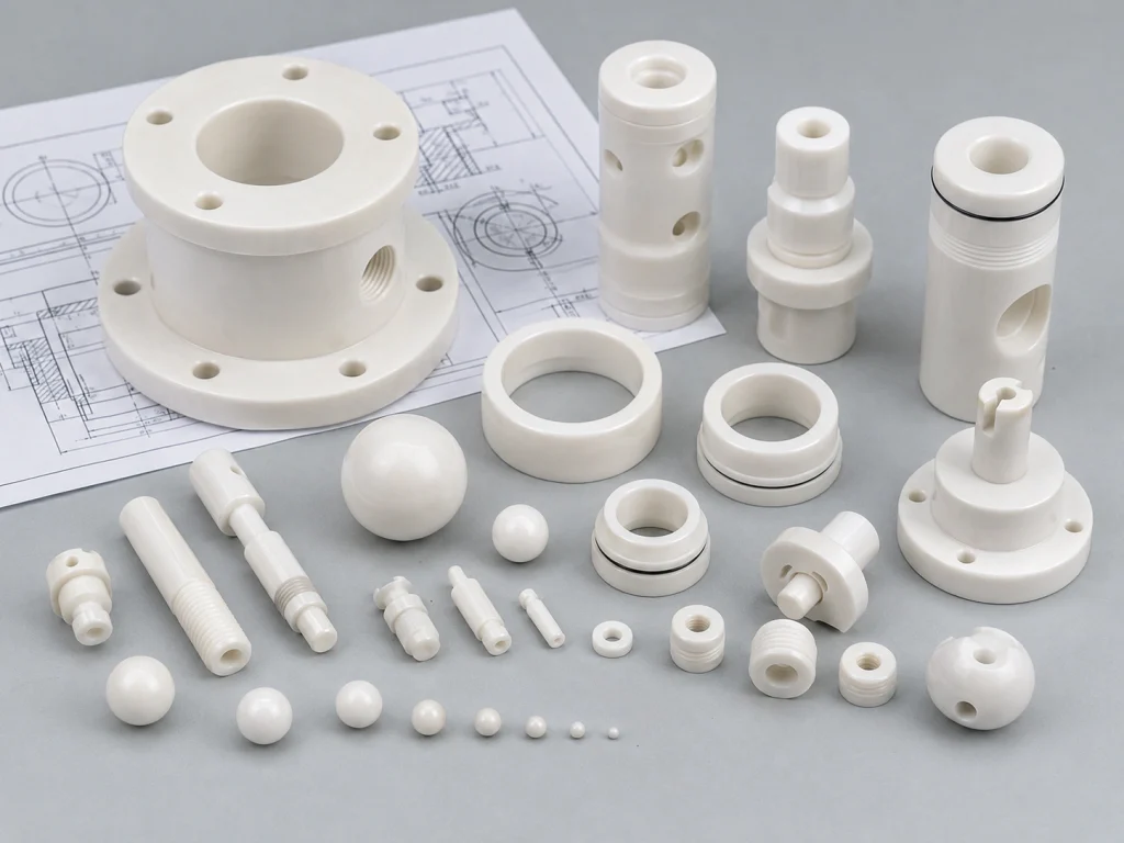 Range of custom zirconia ceramic valve parts in different sizes and features
