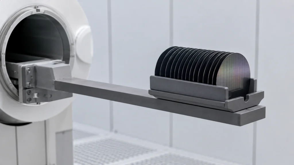 Silicon carbide wafer boat loaded with round wafers at a diffusion furnace loading position