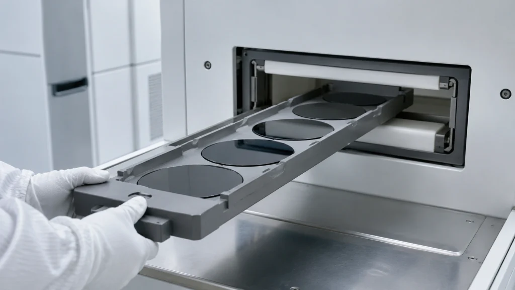 Silicon carbide wafer boat loaded with round wafers at a diffusion furnace loading position