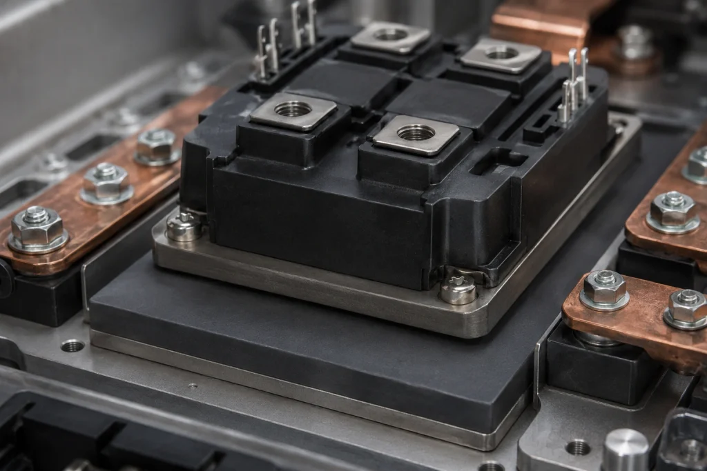 Silicon carbide heat-spreader plate under a power-electronics module in an inverter
