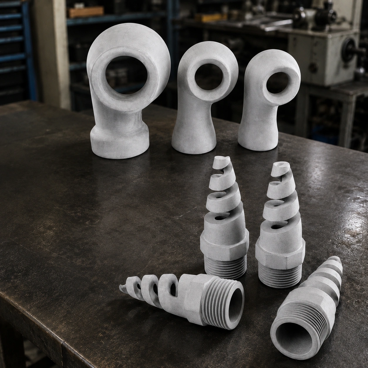 Silicon carbide spiral and vortex spray nozzles with threaded and flanged connections by ADCERAX