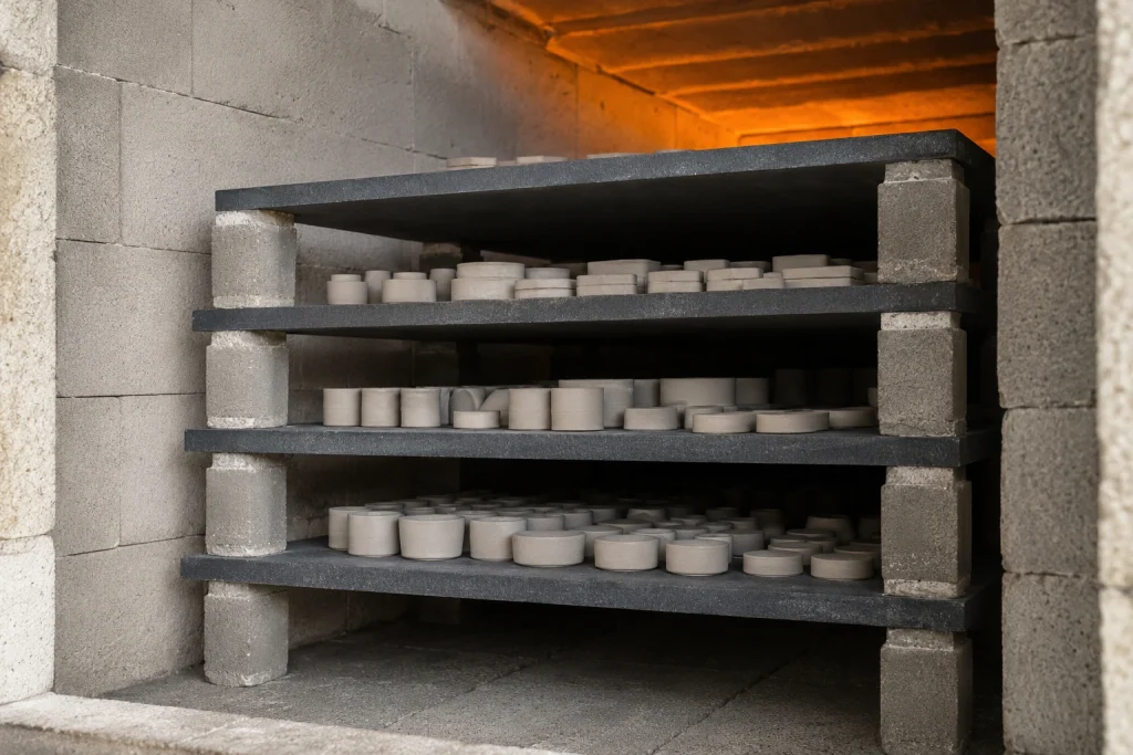 Silicon carbide setter plates and batts loaded with ceramic parts inside a high-temperature kiln