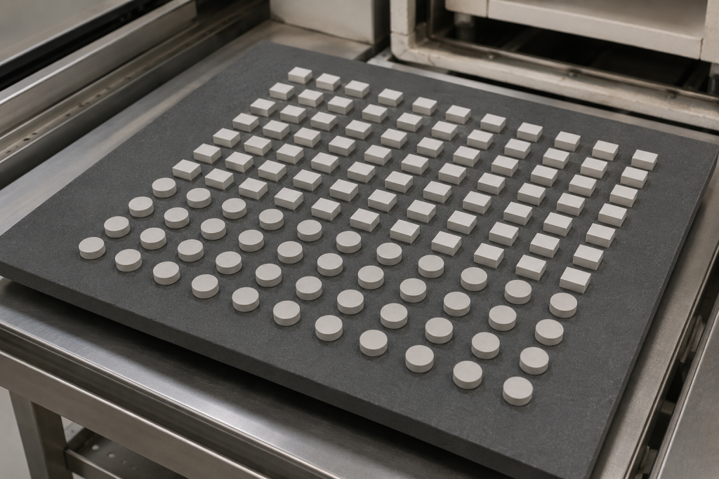Silicon carbide support plate carrying electronic ceramic parts before sintering