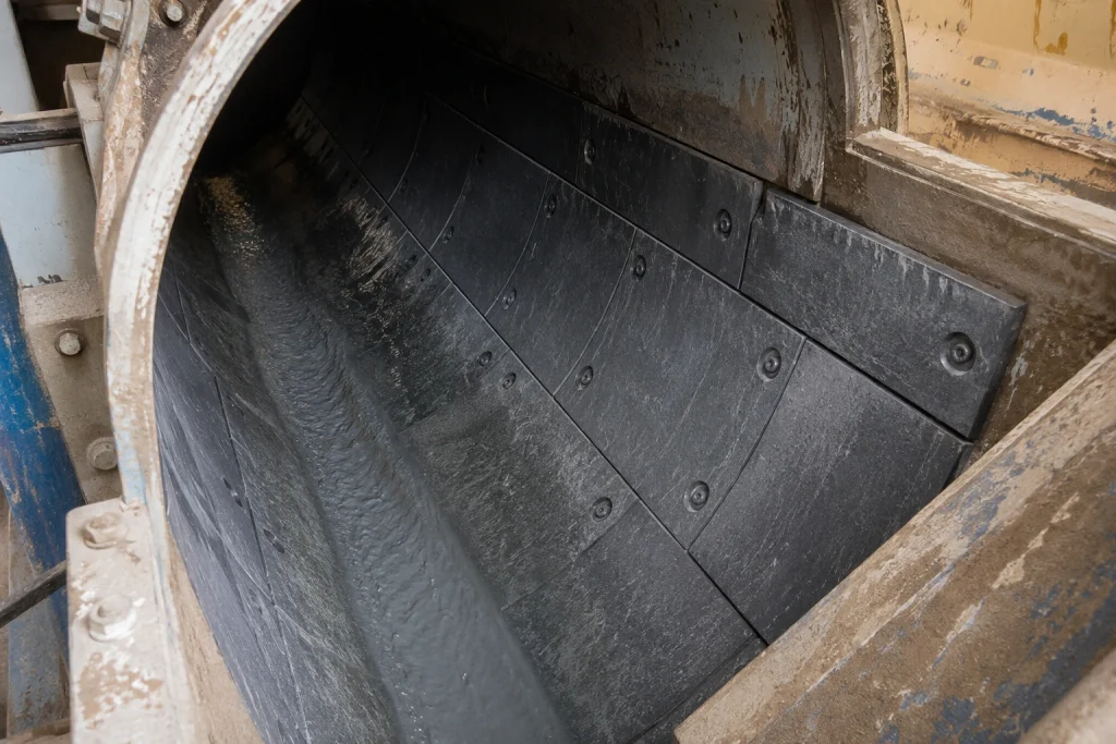 Silicon carbide wear liner plates lining a chute in mineral-processing equipment