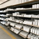 Alumina ceramic crucibles and custom ceramic parts stored on factory shelves