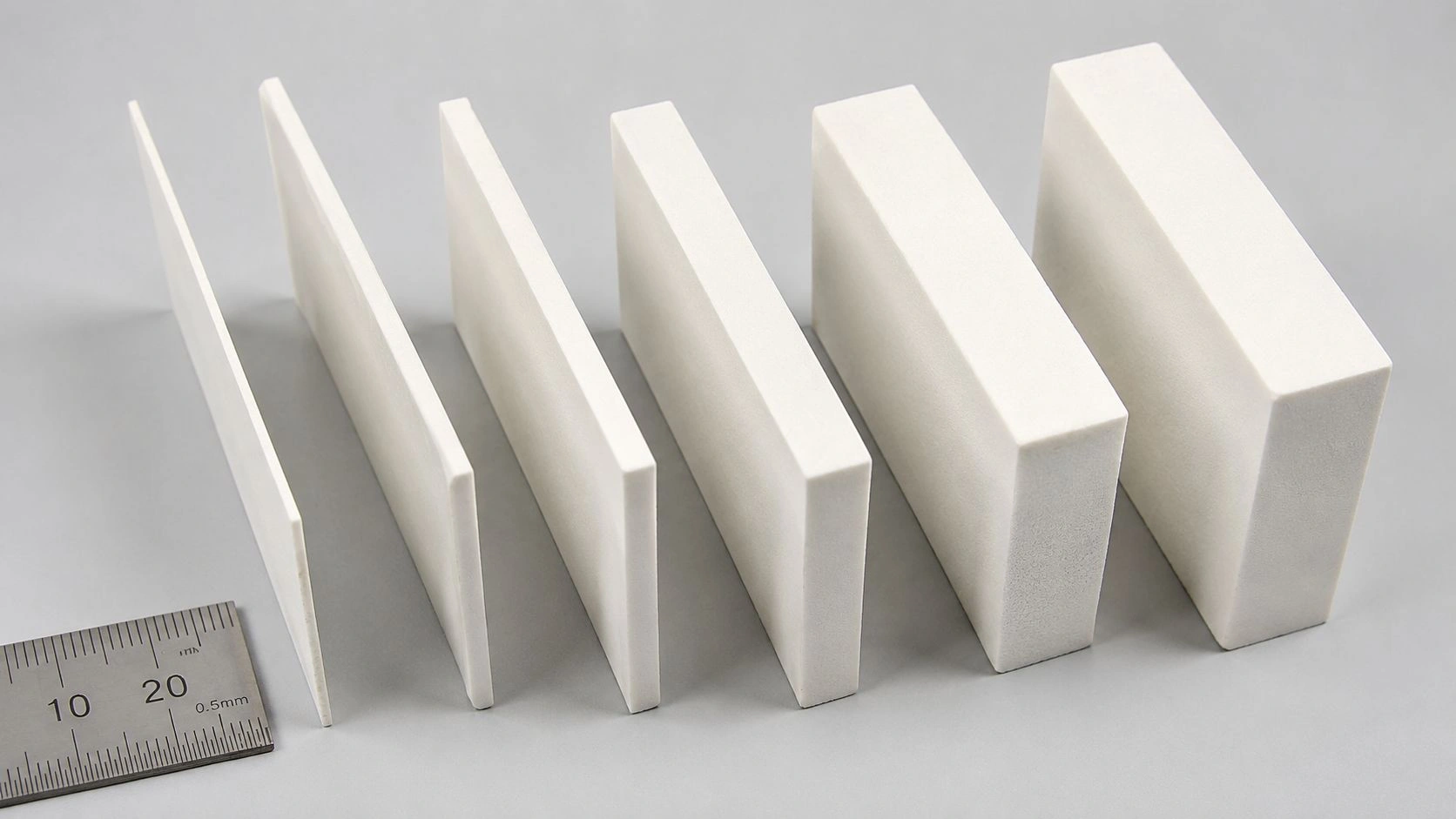 Alumina ceramic plates in a range of thicknesses from 0.5 mm thin insulation sheet to 20 mm heavy-duty support plate laid flat on neutral studio surface