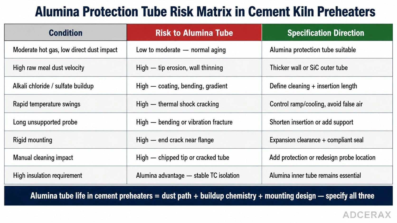 Alumina protection tube risk matrix in cement kiln preheaters