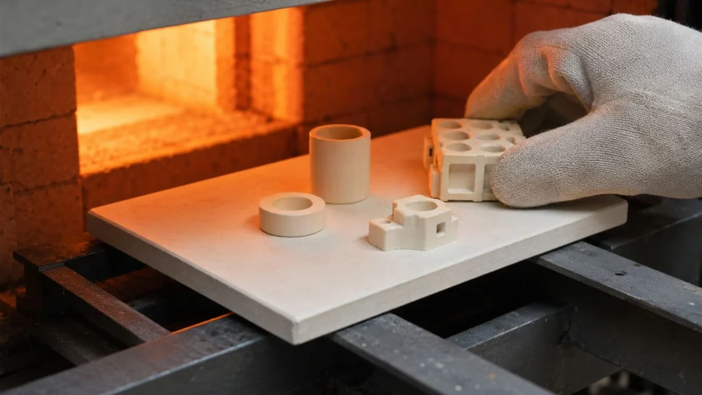 Alumina ceramic setter plate inside high-temperature industrial kiln supporting ceramic components during firing