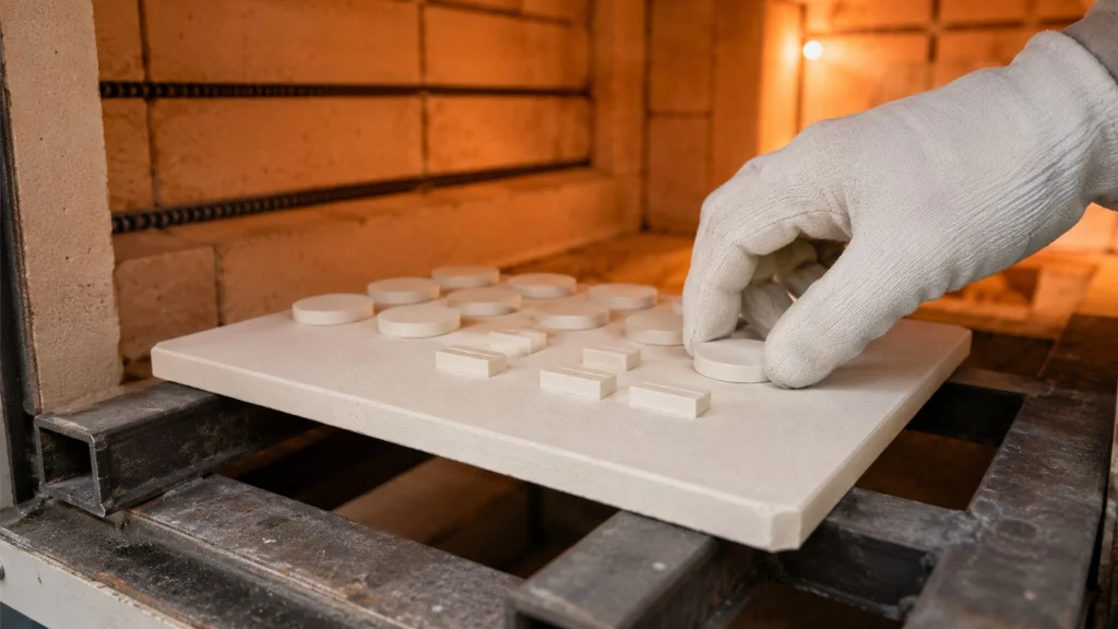 High-purity alumina ceramic setter plates inside a high-temperature industrial kiln supporting technical ceramic components during a firing cycle