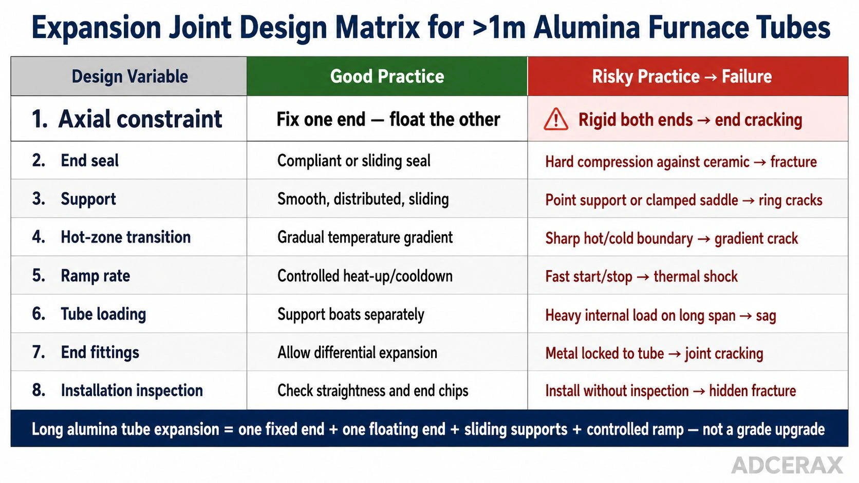 alumina tube expansion joint design matrix >1m furnace tubes axial constraint fixed end floating end sliding support end seal ramp rate failure prevention