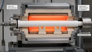 alumina tube expansion joint design >1m long furnace tube fixed end floating end sliding support seal thermal expansion clearance crack prevention