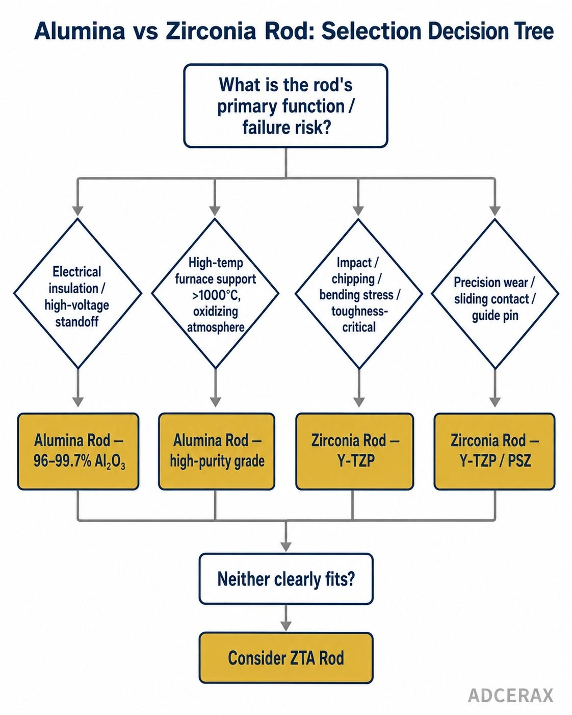 Engineering decision tree for selecting alumina rods vs zirconia rods by application function and failure risk