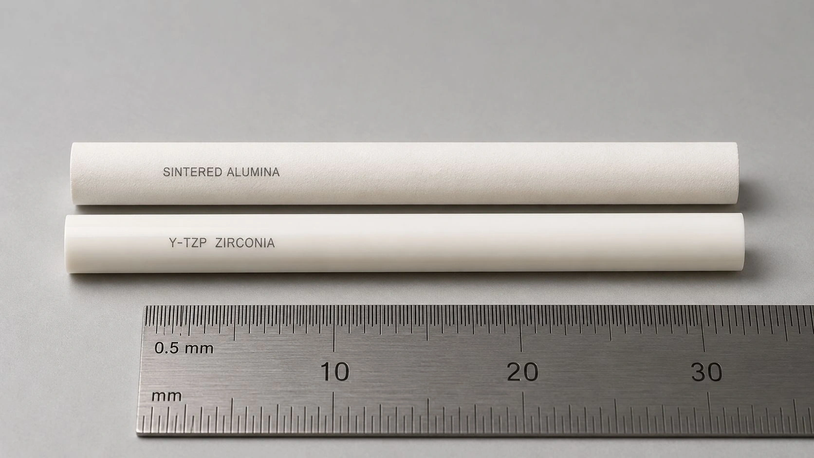 Alumina ceramic solid rods and yttria-stabilized zirconia rods product layout showing dimensional range