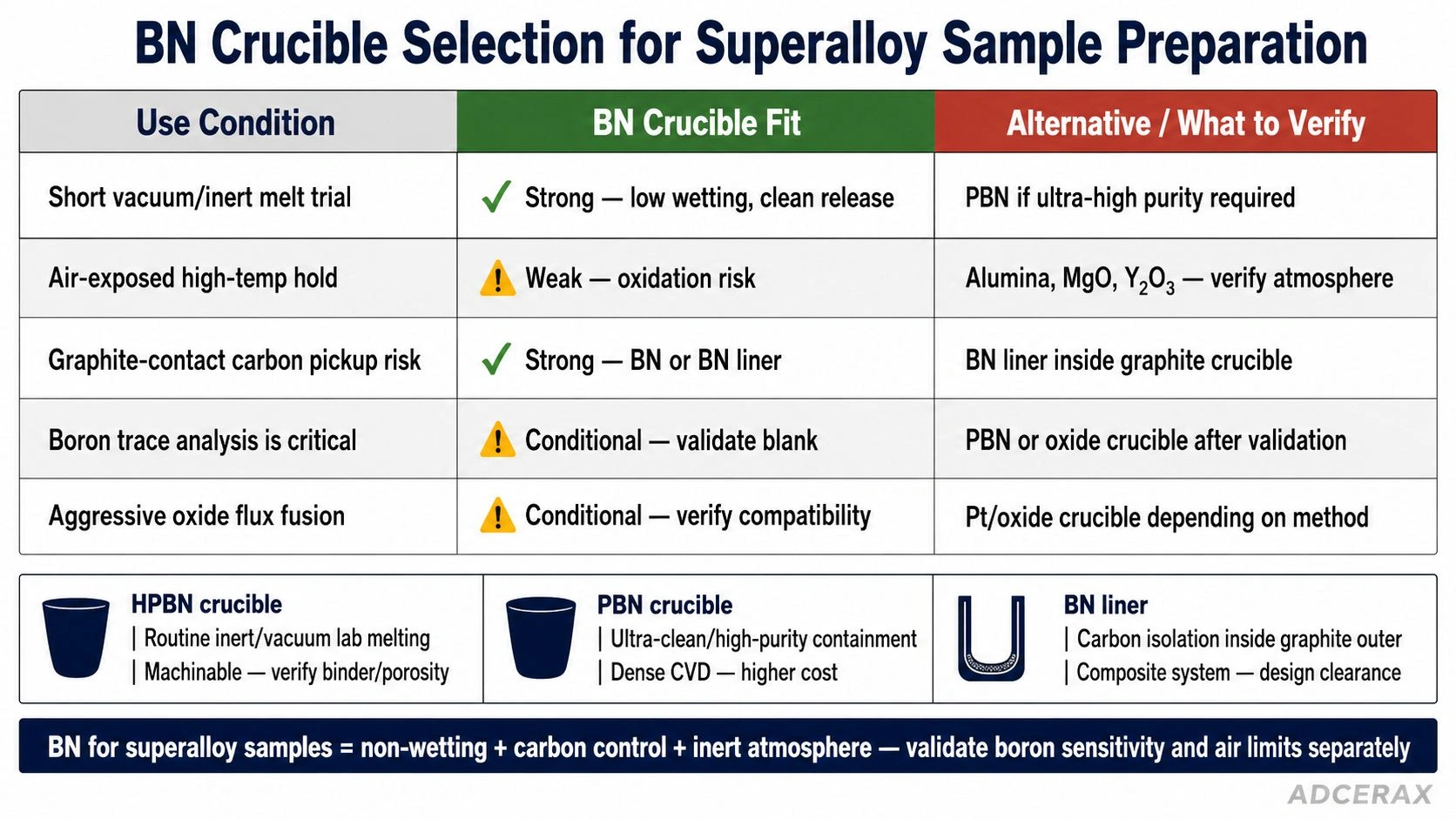 BN crucible selection for superalloy sample preparation HPBN PBN BN liner vacuum inert melt carbon pickup boron trace analysis oxide flux fusion
